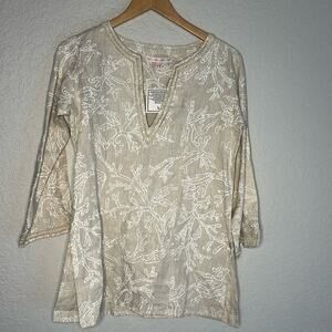 NEW Barbara Gerwit 100% Linen Tunic Top Beaded Tan Coastal Vacation Lagenlook